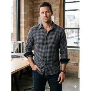 TravisMathew Men's Gray Gingham Check Long Sleeve Cotton Button Up Shirt Sz XL